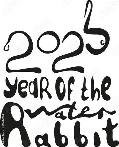 lettering happy new year of the water rabbit and bunny of numbers 2023 in hand draw style. Lunar zodiac symbol of Year of cat or rabbit . Chinese New Year 2023 Christmas logo. Vector illustration