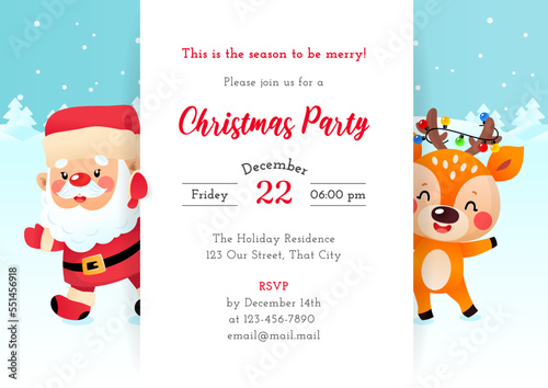 Christmas Party invitation template. Winter holiday illustration of a Santa Claus and a deer with a poster on a background of a winter landscape. Vector 10 EPS.