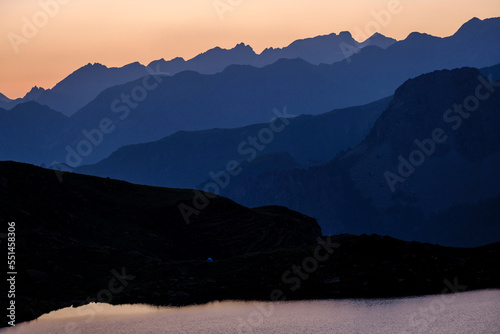 first light in the morning front Midi d Ossau,  Gentau lake, Ayous lakes tour, Pyrenees National Park, Pyrenees Atlantiques, France photo