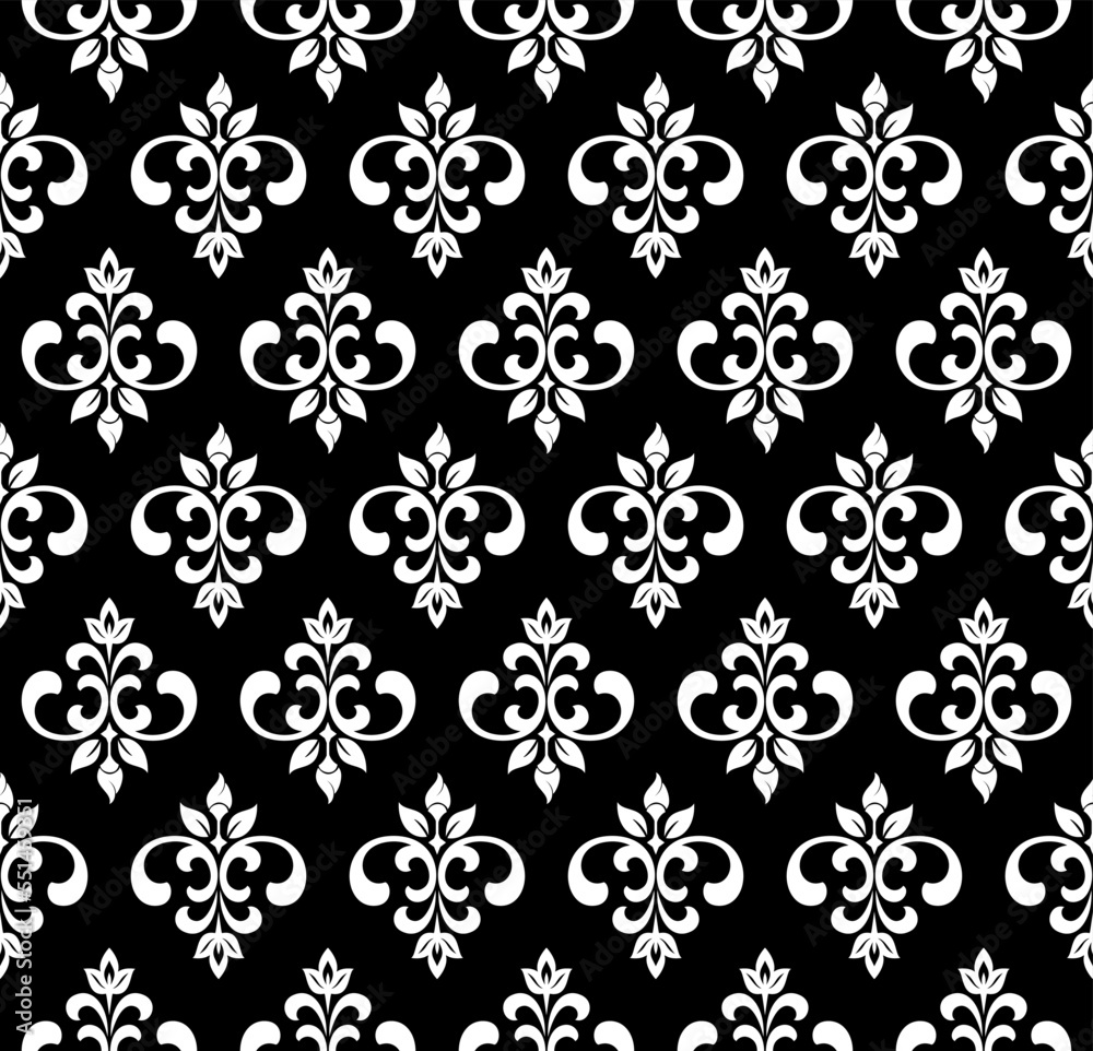 Wallpaper in the style of Baroque. Seamless vector background. White and black floral ornament. Graphic pattern for fabric, wallpaper, packaging. Ornate Damask flower ornament Wallpaper in the style of Baroque. Seamless vector background. White and black floral ornament. Graphic pattern for fabric, wallpaper, packaging. Ornate Damask flower ornament