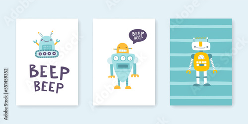 Prints set with cute robots for kids. Poster collection for nursery with doodle robots. Silly vector robots.