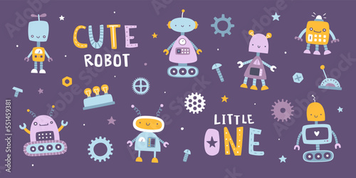 Cute little robots set for kids. Cartoon vector robotic prints collection. Funny machine sticker pack.