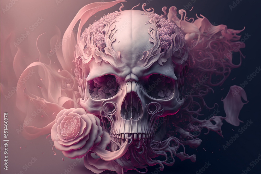 Abstract, surreal, elegant skull with pink roses.Digital art Stock  Illustration | Adobe Stock