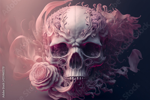 Abstract, surreal, elegant skull with pink roses.Digital art photo