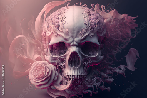Abstract, surreal, elegant skull with pink roses.Digital art