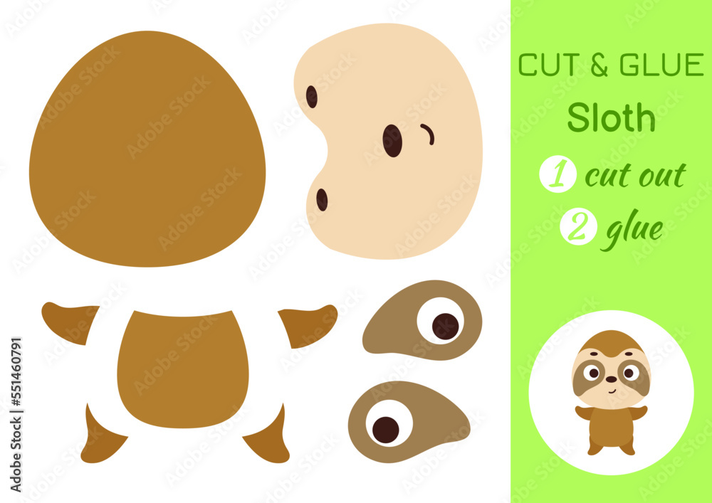 Cut and glue paper little sloth. Kids crafts activity page. Educational game for preschool children. DIY worksheet. Kids art game and activities jigsaw. Vector stock illustration Cut and glue paper little sloth. Kids crafts activity page. Educational game for preschool children. DIY worksheet. Kids art game and activities jigsaw. Vector stock illustration