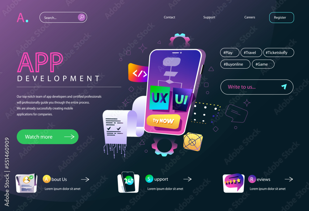 App development concept in flat cartoon design for homepage layout. Mobile ui ux design prototyping, creating smartphone programs and applications. Vector illustration for landing page and web banner