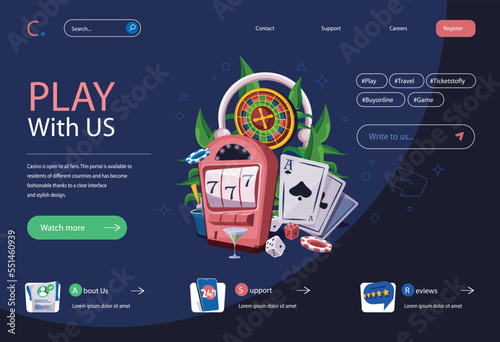 Casino concept in flat cartoon design for homepage layout. Online poker and gambling, slot machine jackpot winning, roulette, dices and card games. Vector illustration for landing page and web banner
