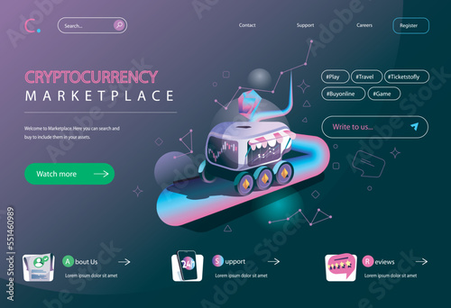 Cryptocurrency marketplace concept in flat cartoon design for homepage layout. Crypto business selling or buying bitcoins on online exchange. Vector illustration for landing page and web banner