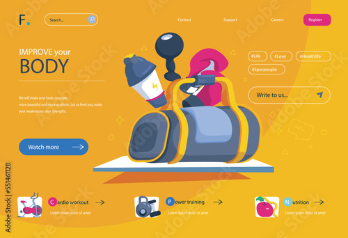 Fitness and gym concept in flat cartoon design for homepage layout. Cardio and strength training for body improvement, bodybuilding and workout. Vector illustration for landing page and web banner