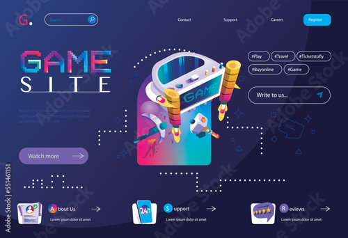 Game site concept in flat cartoon design for homepage layout. Online platform for buying and playing video games with VR and augmented technology. Vector illustration for landing page and web banner