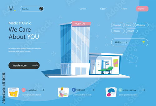 Medical clinic concept in flat cartoon design for homepage layout. Diagnosis and treatment, doctor consultations in hospital, care for patients. Vector illustration for landing page and web banner