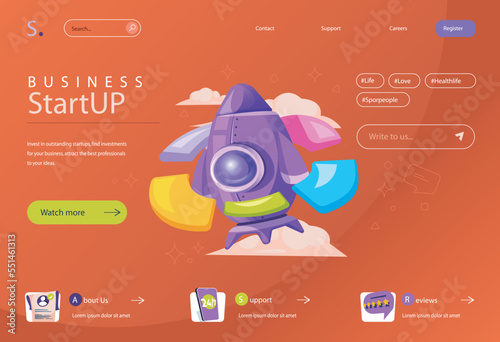 Startup concept in flat cartoon design for homepage layout. Investment in new business and project development, vision and ambitious achievements. Vector illustration for landing page and web banner