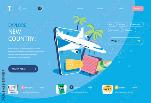 Travel agency concept in flat cartoon design for homepage layout. Choosing tour for rest, booking and paying for flights tickets and hotel rooms. Vector illustration for landing page and web banner