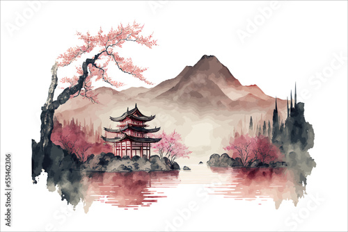 Lake and mountain landscape in Chinese style background. Traditional watercolor oriental, Japanese style. Vector illustration