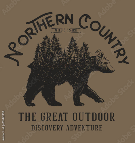 'Explore the great outdoors' vector bear badge. For t-shirt prints, posters, stickers and other uses.