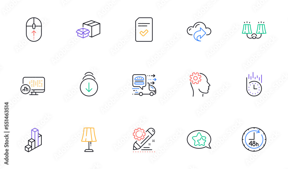 Scroll down, Cloud share and Engineering line icons for website, printing. Collection of Packing boxes, Swipe up, Project edit icons. Fast delivery, Checked file, Food delivery web elements. Vector Scroll down, Cloud share and Engineering line icons for website, printing. Collection of Packing boxes, Swipe up, Project edit icons. Fast delivery, Checked file, Food delivery web elements. Vector