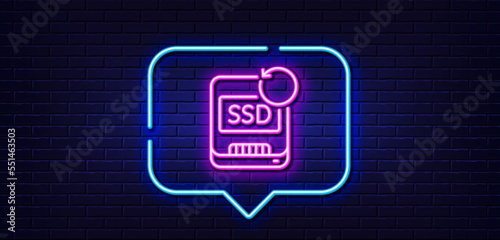 Neon light speech bubble. Recovery ssd line icon. Backup data sign. Restore information symbol. Neon light background. Recovery ssd glow line. Brick wall banner. Vector
