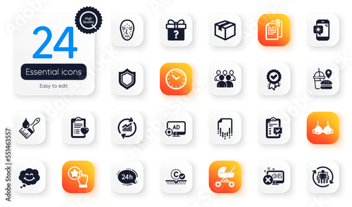Set of Business flat icons. Fast food, Smile and Secret gift elements for web application. Recovery file, Weather phone, Seo adblock icons. Reject access, Collagen skin. Vector