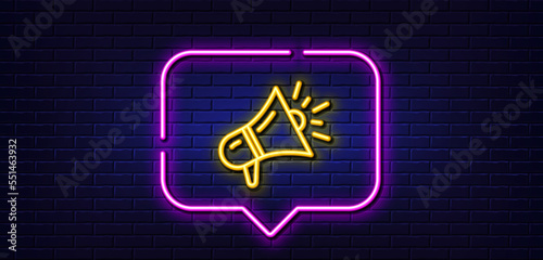 Neon light speech bubble. Megaphone line icon. Advertisement device symbol. Brand ambassador loudspeaker sign. Neon light background. Megaphone glow line. Brick wall banner. Vector