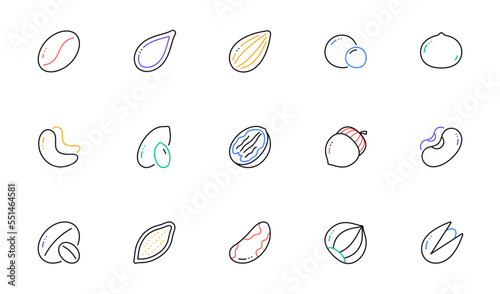 Nuts and seeds line icons. Hazelnut, Almond nut and Peanut. Walnut, Brazil nut, Pistachio icons. Cacao and Cashew nuts. Linear set. Bicolor outline web elements. Vector