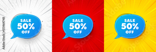 Sale 50 percent off bubble banner. Flash offer banner, coupon or poster. Discount sticker shape. Coupon badge icon. Sale bubble promo banner. Retail marketing flyer. Starburst pop art. Vector