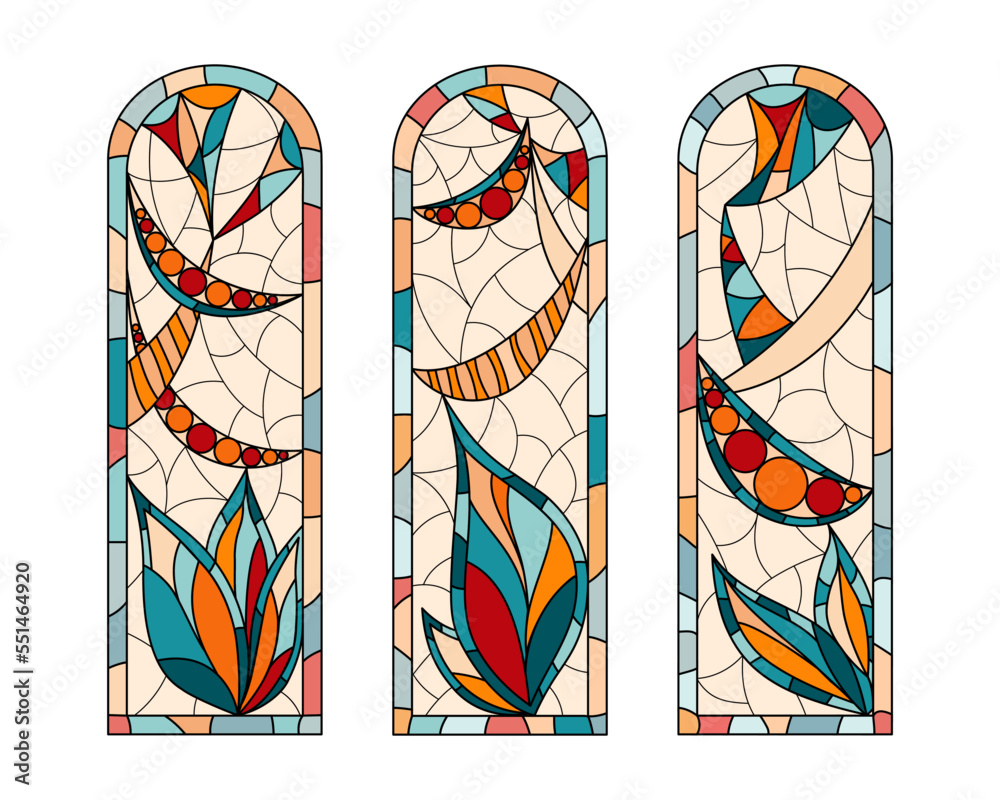 Stained glass windows in a Church. Composition of three pieces. Stained glass windows in a Church. Composition of three pieces.