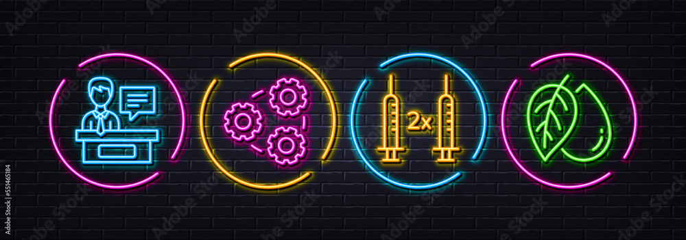 Gears, Exhibitors and Coronavirus vaccine minimal line icons. Neon laser 3d lights. Mineral oil icons. For web, application, printing. Work process, Information desk, Covid-19 vaccination. Vector Gears, Exhibitors and Coronavirus vaccine minimal line icons. Neon laser 3d lights. Mineral oil icons. For web, application, printing. Work process, Information desk, Covid-19 vaccination. Vector