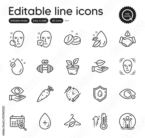 Set of Healthcare outline icons. Contains icons as Leaves  Oil serum and Medical calendar elements. Leaf  Carrot  Medical tablet web signs. Dumbbell  Face accepted. Outline leaves icon. Vector