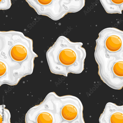 Vector Fried Eggs Seamless Pattern, decorative repeating background with cut out illustration of different whole fried eggs, group of flat lay cooked chicken eggs for home interior on dark background