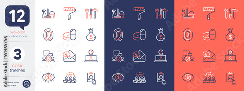 Set of Medical drugs, Spanner tool and Paint roller line icons. Include Euro money, Teamwork, Security agency icons. Inspect, Household service, Fingerprint web elements. Money bag. Vector