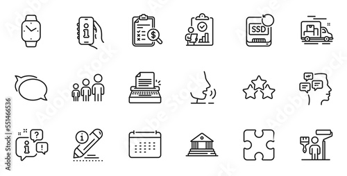 Outline set of Talk bubble, Calendar and Puzzle line icons for web application. Talk, information, delivery truck outline icon. Include Court building, Edit, Messages icons. Vector
