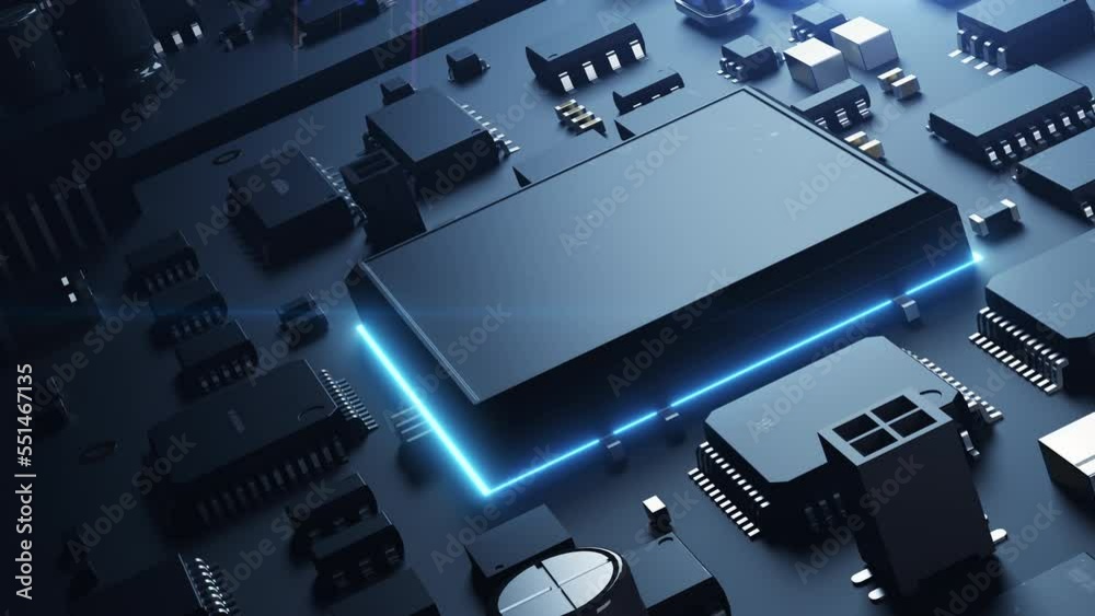 A robotic arm on a conveyor belt inserts a CPU onto a printed circuit ...