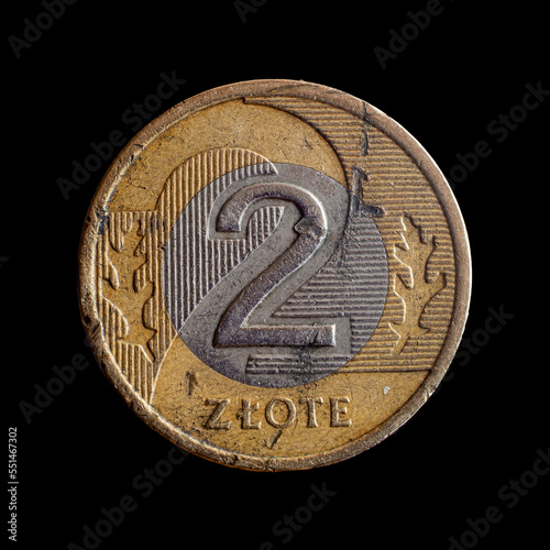 Closeup of a heavily worn coin. 2 Polish Zloty.