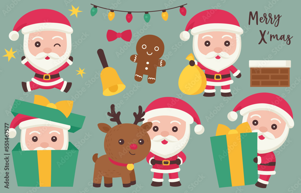 Santa claus character doodle with reindeer and elements Santa claus character doodle with reindeer and elements