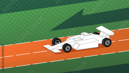 Vector low poly volumetric white sports racing paper car 3d formula on orange road and textured green background. Poster or wallpaper.