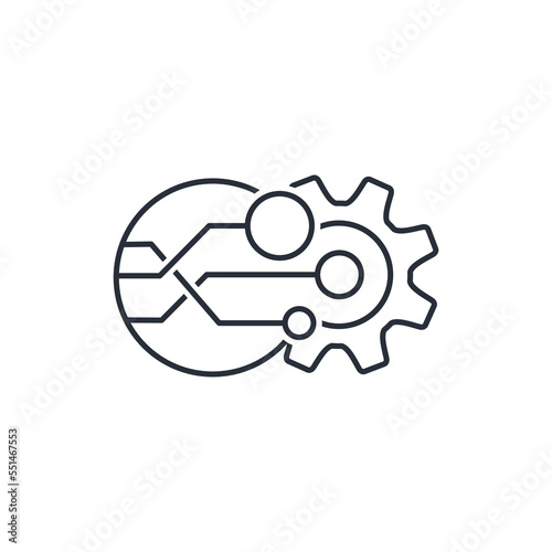 Electronic processor in the mechanism. Vector linear icon isolated on white background.