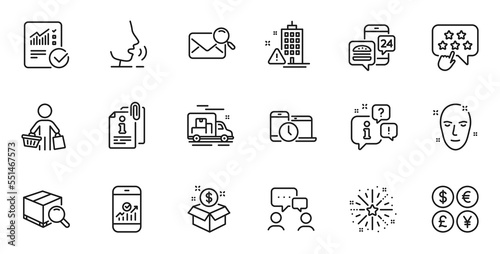 Outline set of Building warning, Health skin and Ranking star line icons for web application. Talk, information, delivery truck outline icon. Vector
