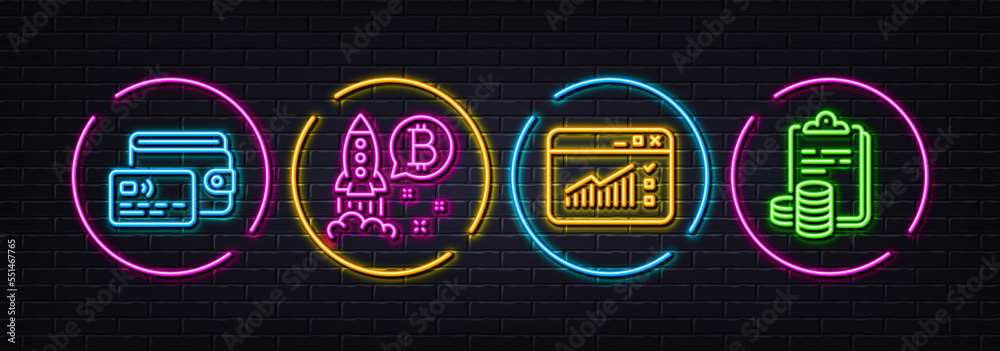 Wallet, Bitcoin project and Web traffic minimal line icons. Neon laser 3d lights. Accounting icons. For web, application, printing. Credit card money, Cryptocurrency startup, Website window. Vector