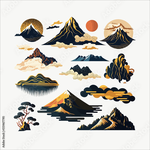 Collection of hand drawn clouds and mountains. Chinese and Japanese mountains shapes Flat cartoon illustration isolated on white background