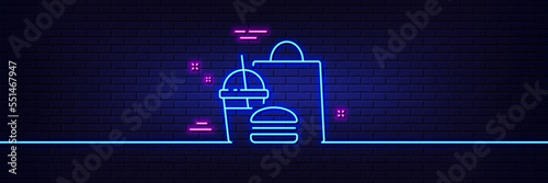 Neon light glow effect. Food delivery line icon. Meal order sign. Fast food symbol. 3d line neon glow icon. Brick wall banner. Fast food outline. Vector