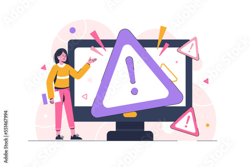 Concept operating system error warning for web page, banner, presentation. Mistake caution, social media, documents. 404 web page error, operating system error warning window. Vector flat illustration