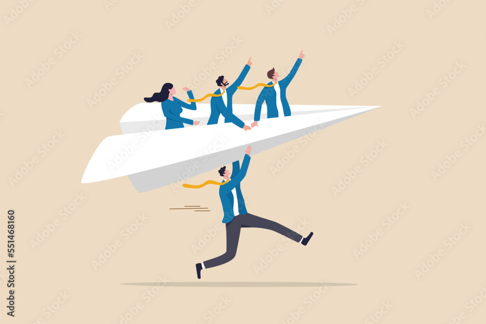 Mentor or support employee to success, manager to help or advice staff to reach goal, work coaching or adviser expert concept, businessman manager launching paper plane origami with team colleagues.