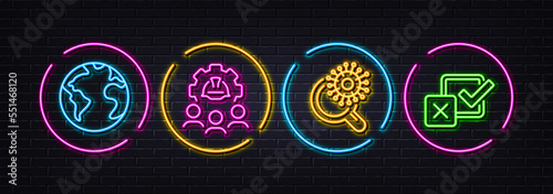 Coronavirus research, World planet and Engineering team minimal line icons. Neon laser 3d lights. Checkbox icons. For web, application, printing. Virus test, Internet business, Engineer person. Vector