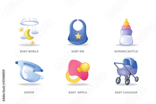 Baby care items 3D icons set in modern design. Pack isolated elements