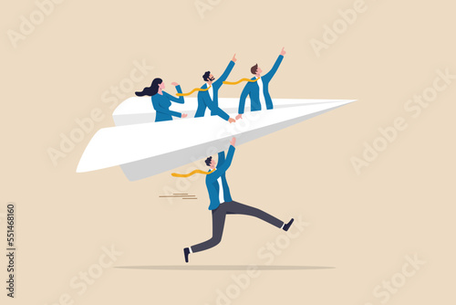 Mentor or support employee to success, manager to help or advice staff to reach goal, work coaching or adviser expert concept, businessman manager launching paper plane origami with team colleagues. photo