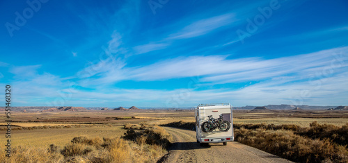Motorhome road trip in Spain,  desertic landscape,  Bardenas photo