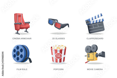 Cinema 3D icons set in modern design. Pack isolated elements