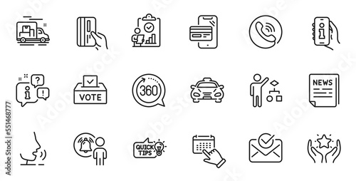 Outline set of Ranking, Online shopping and 360 degrees line icons for web application. Talk, information, delivery truck outline icon. Include Approved mail, Inspect, Taxi icons. Vector