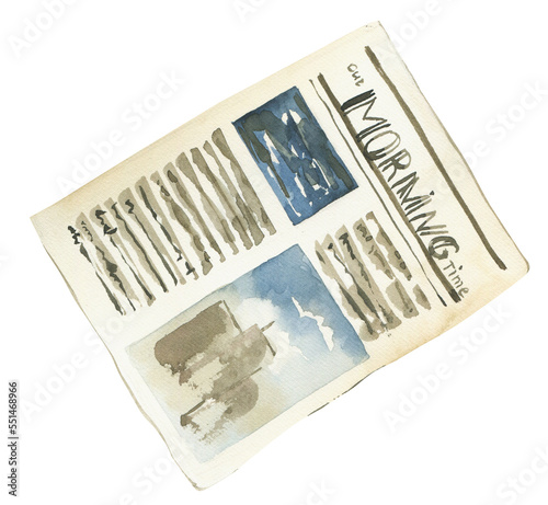 Watercolor newspaper clipart. Morning illustration.